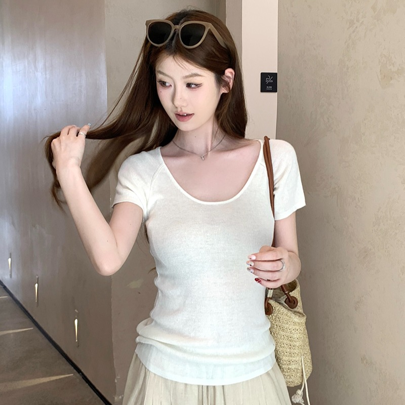 實拍~插肩袖毛織T恤女春夏新品純色大U領短袖上衣