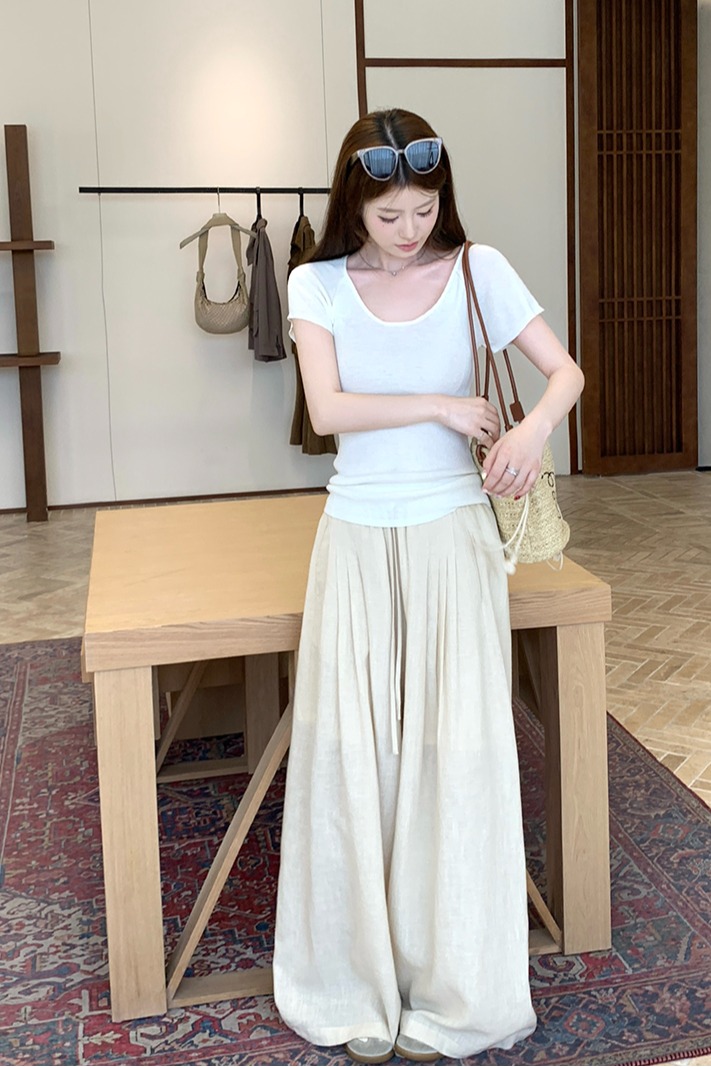 實拍~插肩袖毛織T恤女春夏新品純色大U領短袖上衣