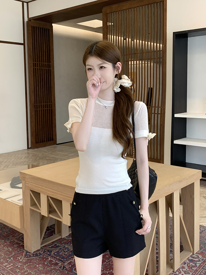 實拍~圓領鏤空蝴蝶結針織短袖T恤女修身顯瘦上衣夏