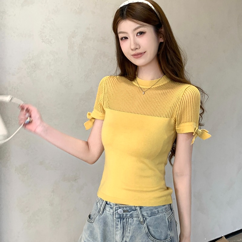 實拍~圓領鏤空蝴蝶結針織短袖T恤女修身顯瘦上衣夏