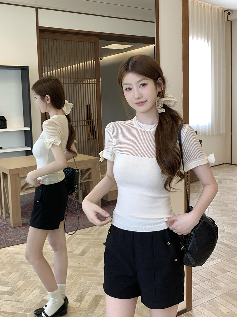 實拍~圓領鏤空蝴蝶結針織短袖T恤女修身顯瘦上衣夏