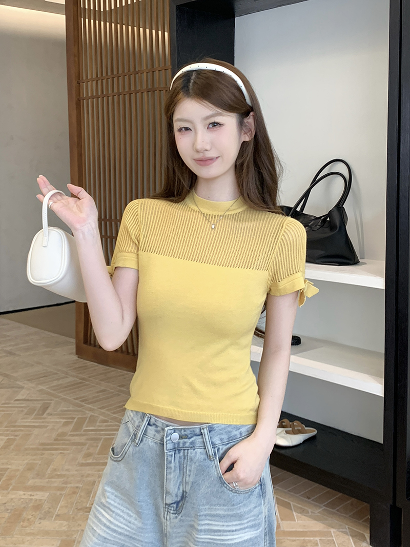 實拍~圓領鏤空蝴蝶結針織短袖T恤女修身顯瘦上衣夏