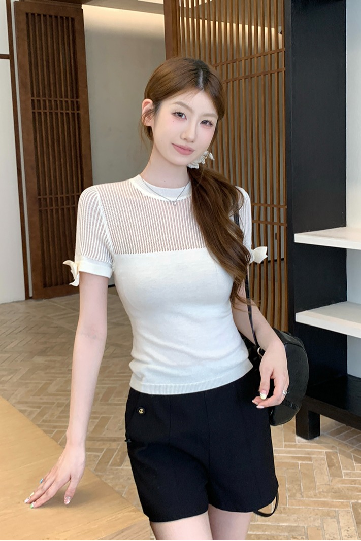 實拍~圓領鏤空蝴蝶結針織短袖T恤女修身顯瘦上衣夏