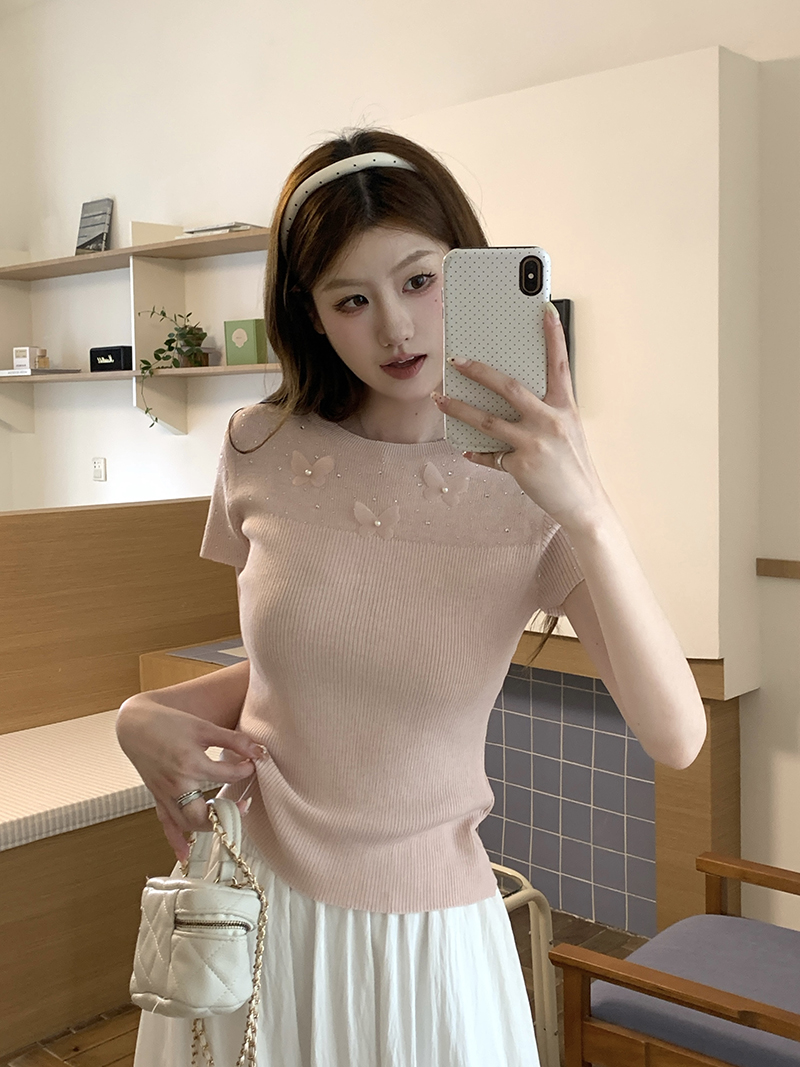 實拍~圓領立體花朵燙鉆針織衫女2026春夏新款修身顯瘦溫柔風上衣