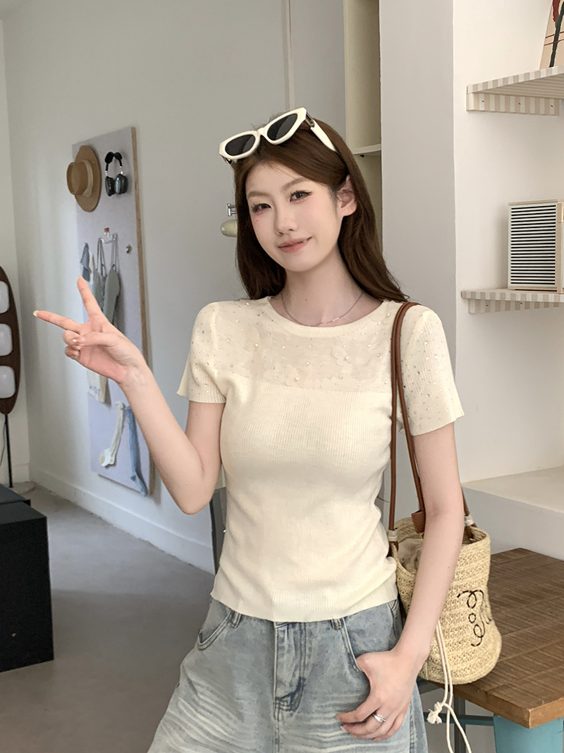 實拍~圓領立體花朵燙鉆針織衫女2026春夏新款修身顯瘦溫柔風上衣