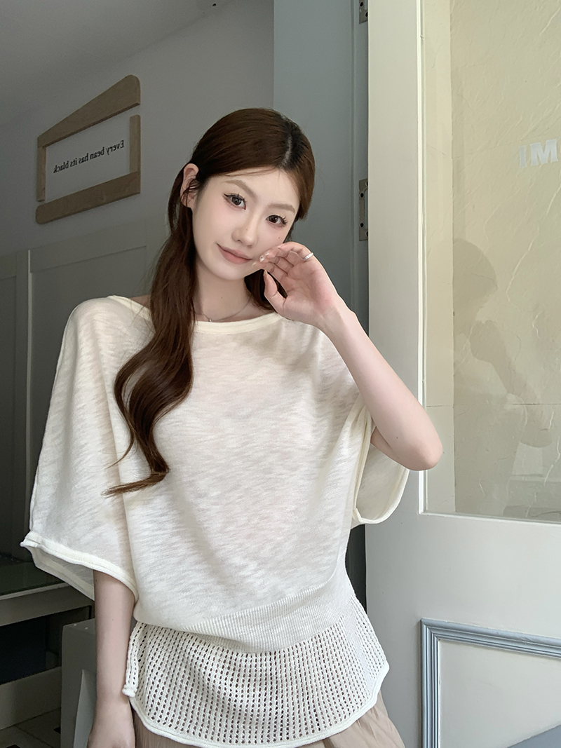實拍~針織蝙蝠袖鏤空收腰T恤女2026夏季新款薄款寬松顯瘦氣質上衣