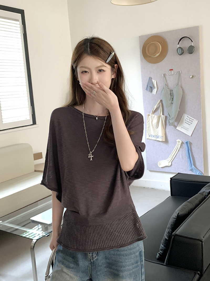 實拍~針織蝙蝠袖鏤空收腰T恤女2026夏季新款薄款寬松顯瘦氣質上衣