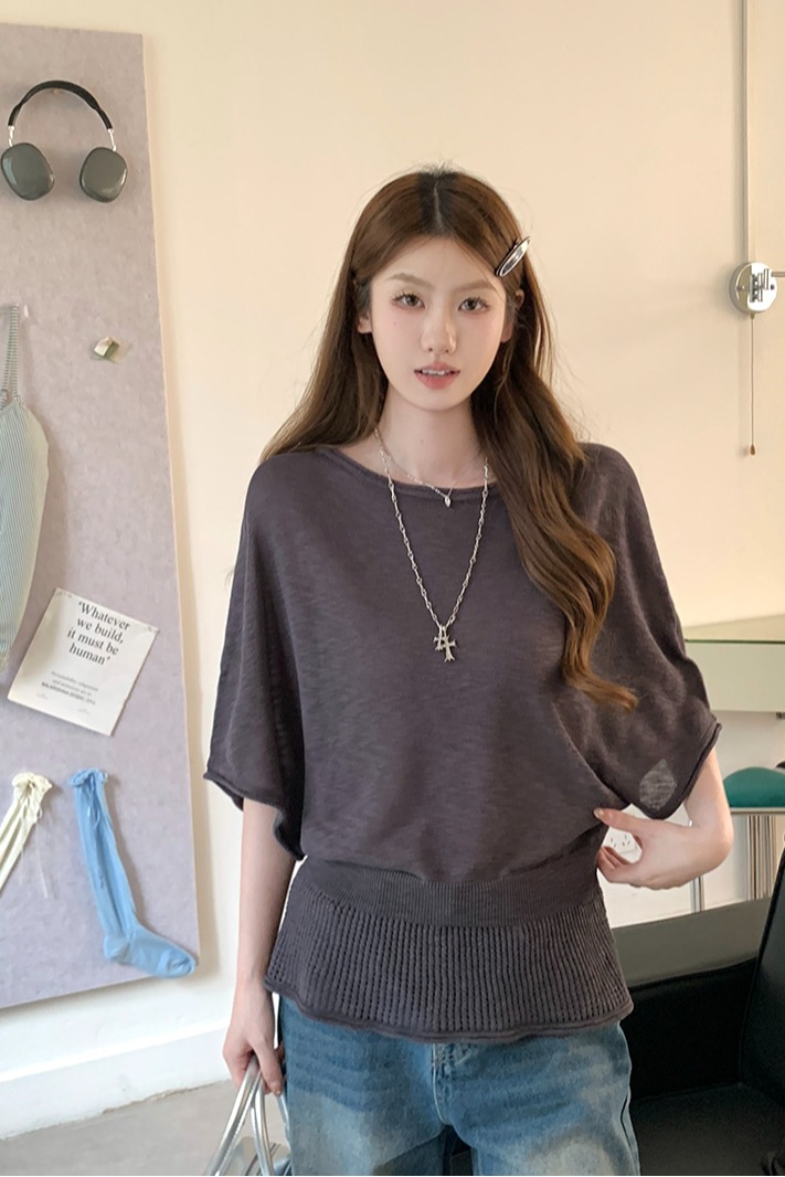 實拍~針織蝙蝠袖鏤空收腰T恤女2026夏季新款薄款寬松顯瘦氣質上衣