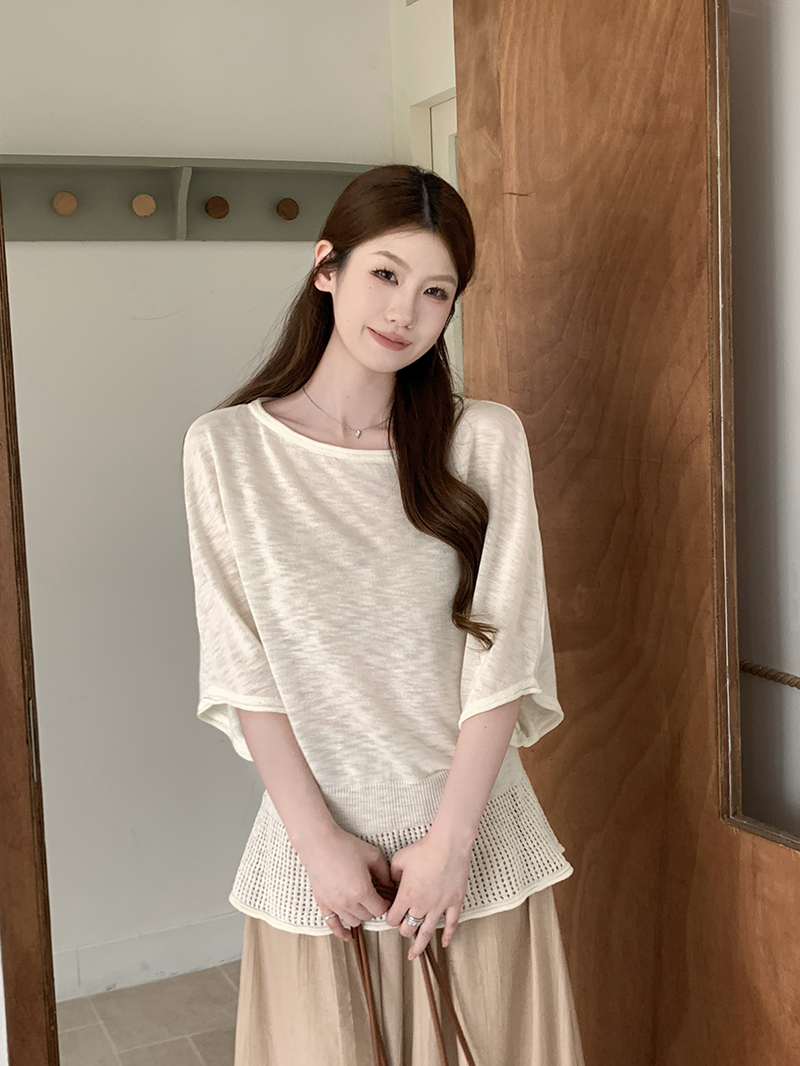 實拍~針織蝙蝠袖鏤空收腰T恤女2026夏季新款薄款寬松顯瘦氣質上衣