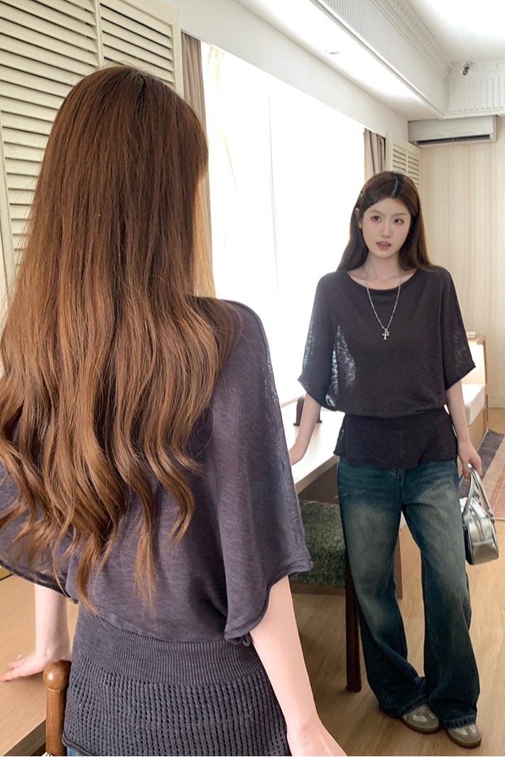 實拍~針織蝙蝠袖鏤空收腰T恤女2026夏季新款薄款寬松顯瘦氣質上衣