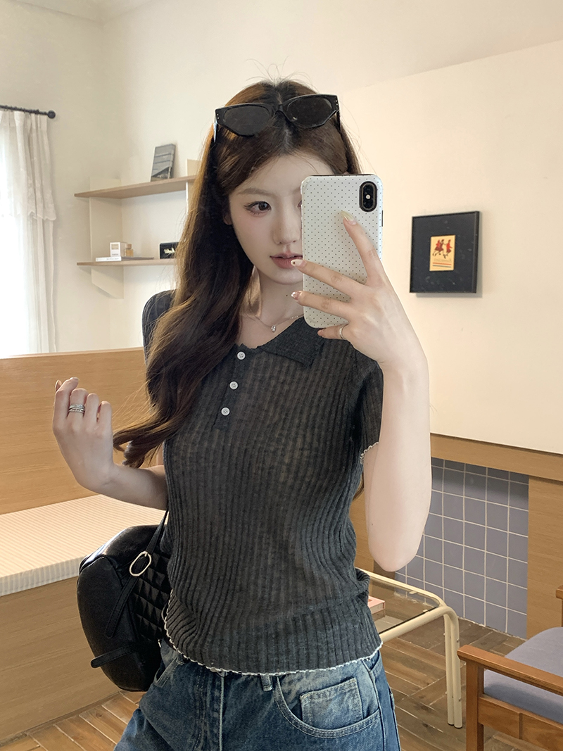 實拍~針織Polo領正肩短袖T恤女2026夏季新款坑條修身顯瘦薄款上衣