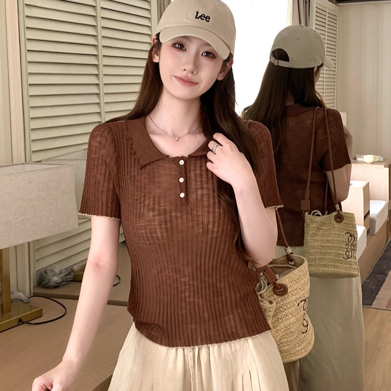 實拍~針織Polo領正肩短袖T恤女2026夏季新款坑條修身顯瘦薄款上衣