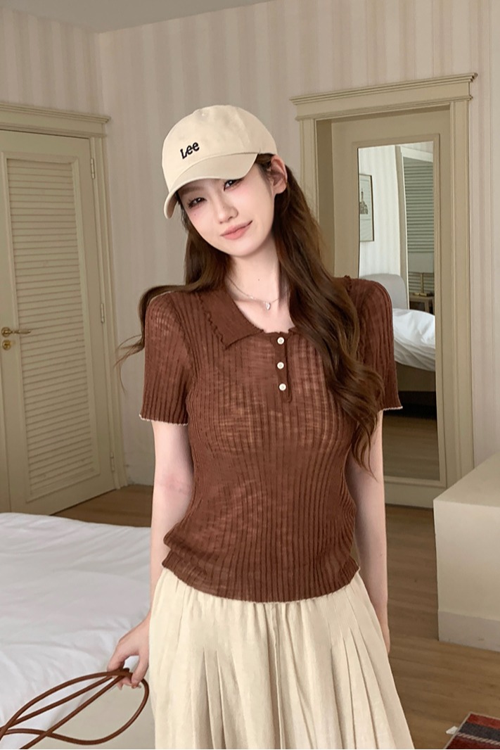 實拍~針織Polo領正肩短袖T恤女2026夏季新款坑條修身顯瘦薄款上衣