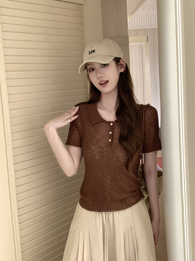 實拍~針織Polo領正肩短袖T恤女2026夏季新款坑條修身顯瘦薄款上衣