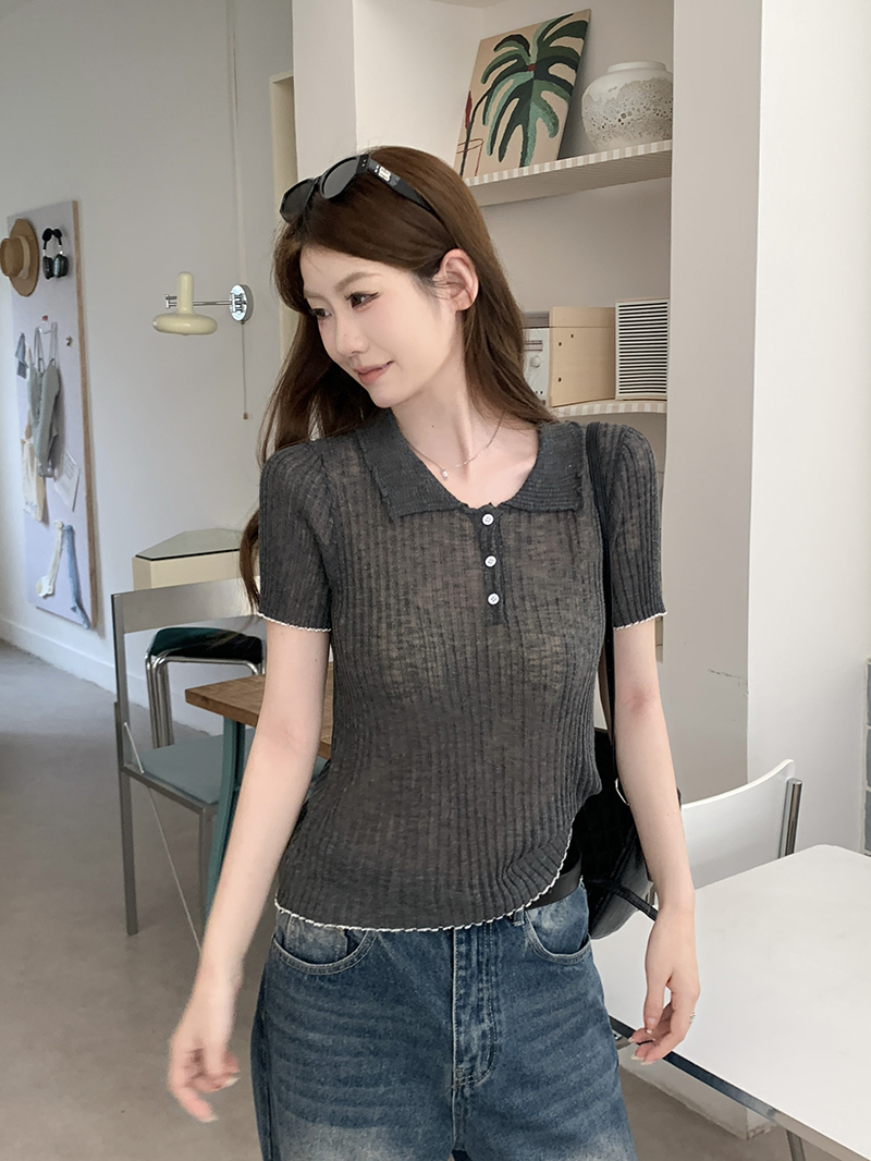實拍~針織Polo領正肩短袖T恤女2026夏季新款坑條修身顯瘦薄款上衣