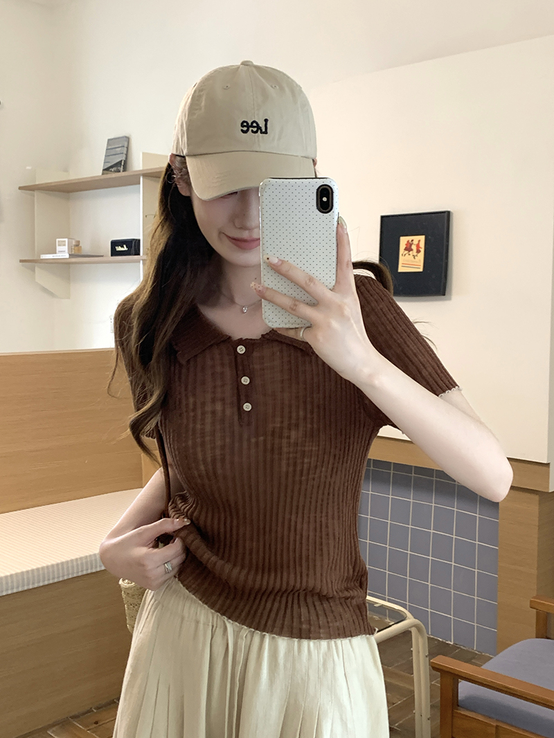 實拍~針織Polo領正肩短袖T恤女2026夏季新款坑條修身顯瘦薄款上衣