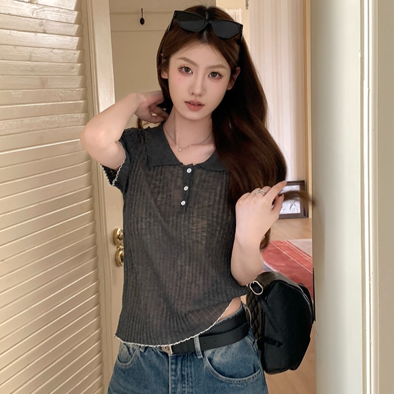 實拍~針織Polo領正肩短袖T恤女2026夏季新款坑條修身顯瘦薄款上衣