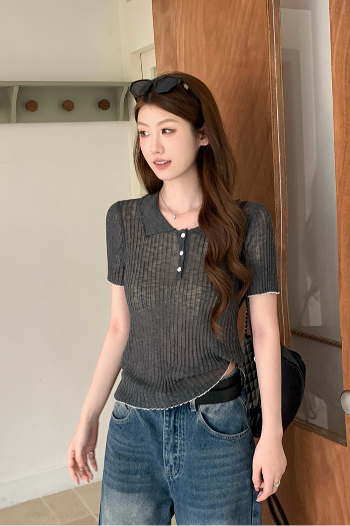實拍~針織Polo領正肩短袖T恤女2026夏季新款坑條修身顯瘦薄款上衣