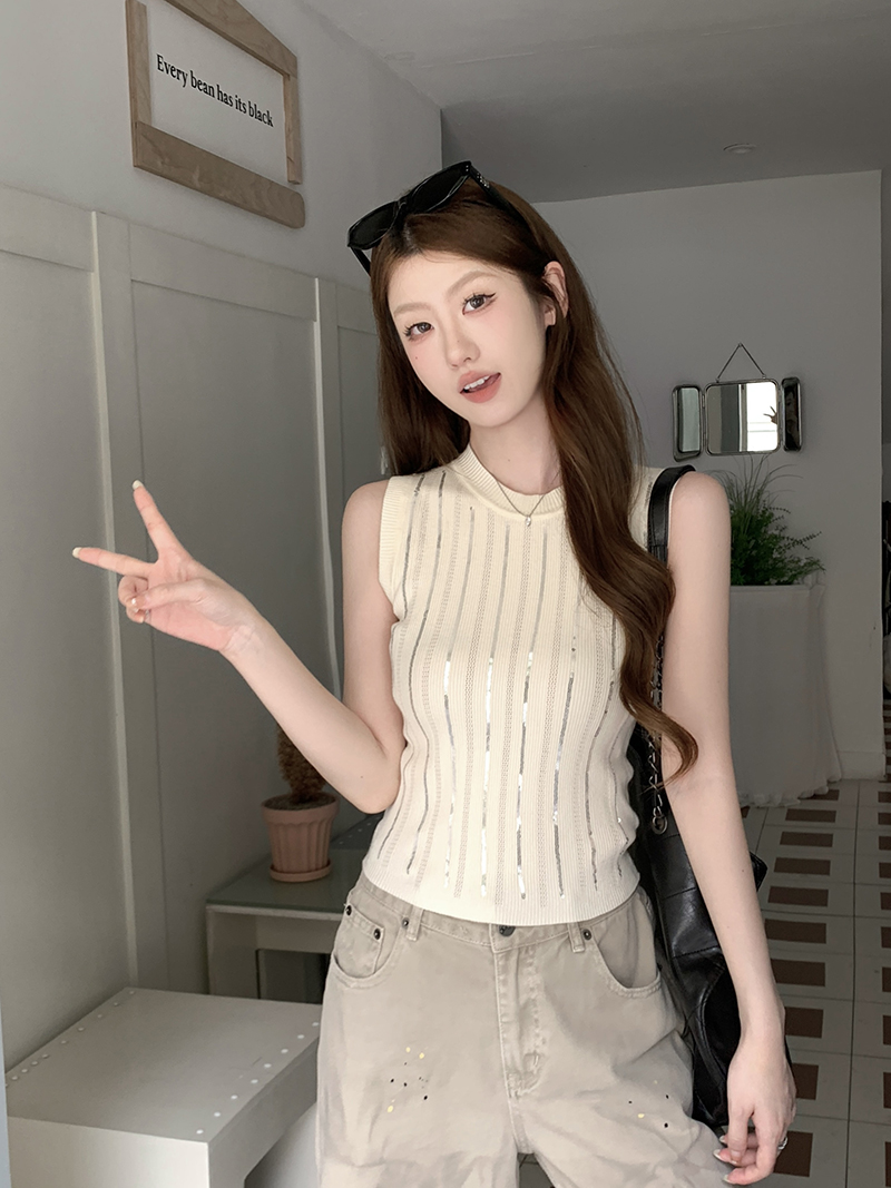 實拍~豎條圓領無袖針織背心女2026春夏新款修身顯瘦氣質上衣