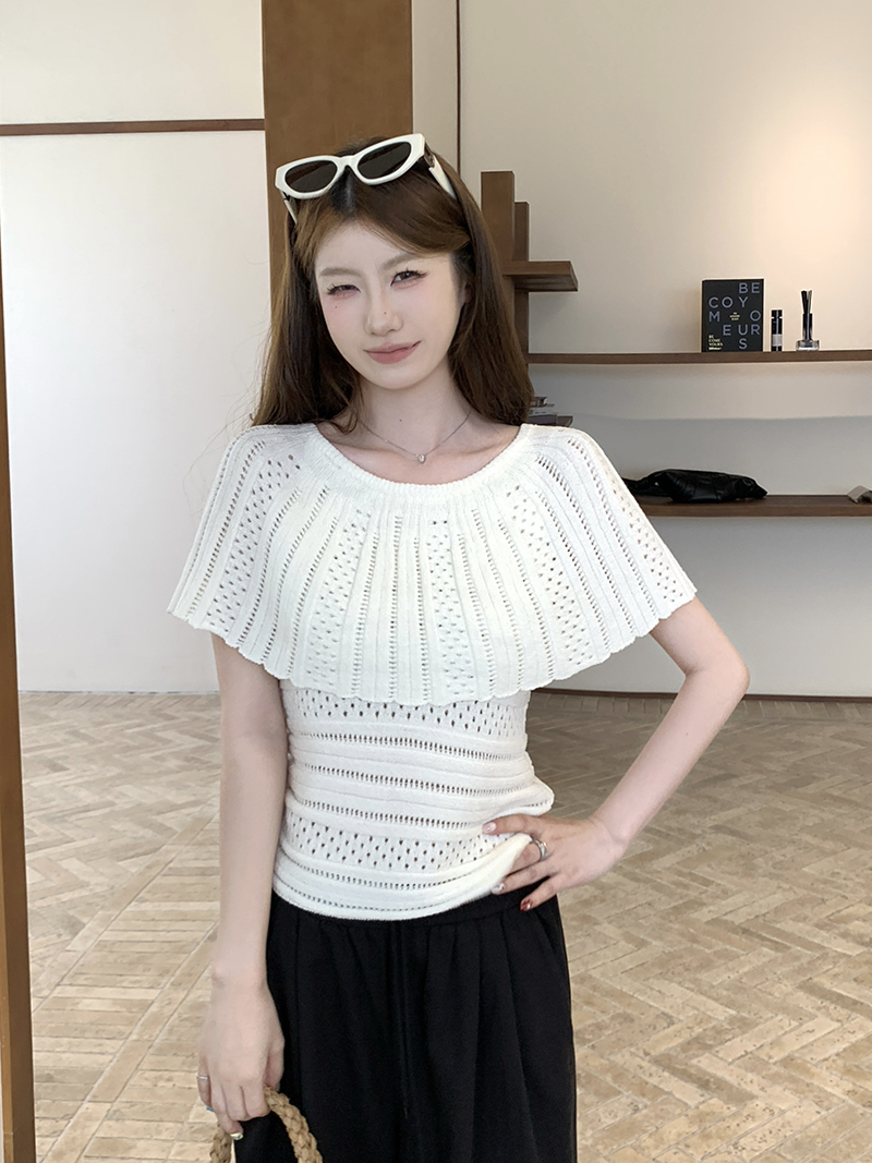 實拍~法式白色假兩件鏤空針織短袖T恤女夏季高級感披肩小上衣