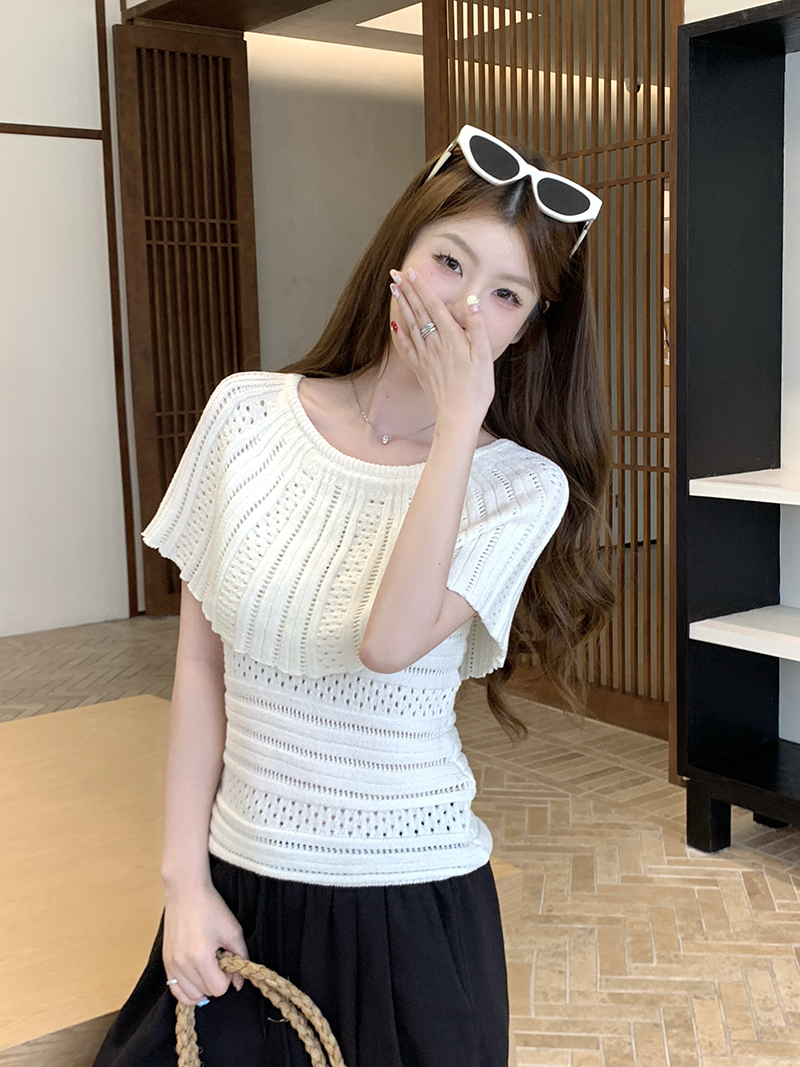 實拍~法式白色假兩件鏤空針織短袖T恤女夏季高級感披肩小上衣