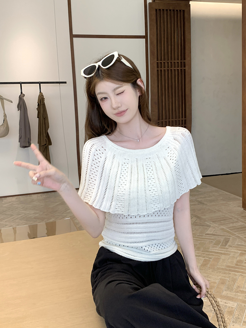 實拍~法式白色假兩件鏤空針織短袖T恤女夏季高級感披肩小上衣