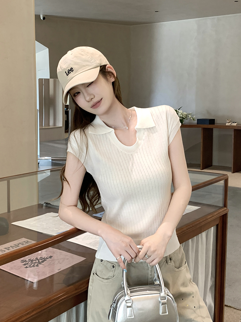 實拍~春夏韓系polo領短袖針織衫女U領薄款顯瘦百搭T恤上衣