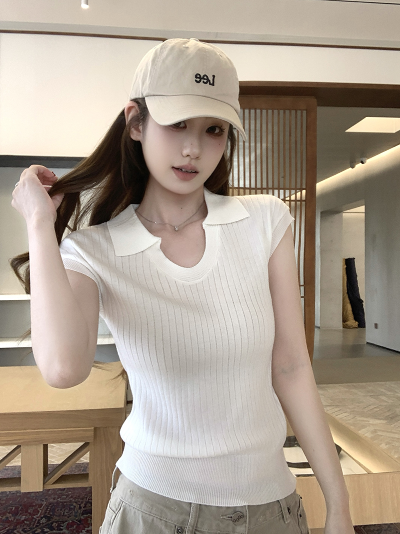 實拍~春夏韓系polo領短袖針織衫女U領薄款顯瘦百搭T恤上衣
