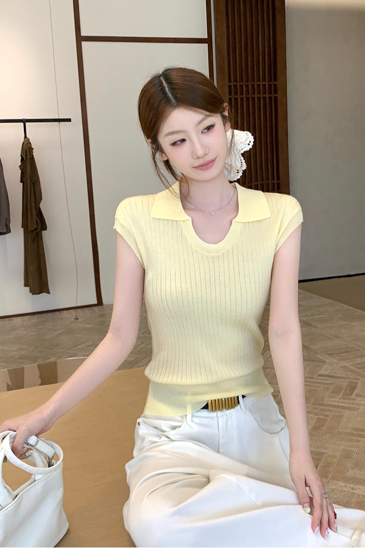 實拍~春夏韓系polo領短袖針織衫女U領薄款顯瘦百搭T恤上衣