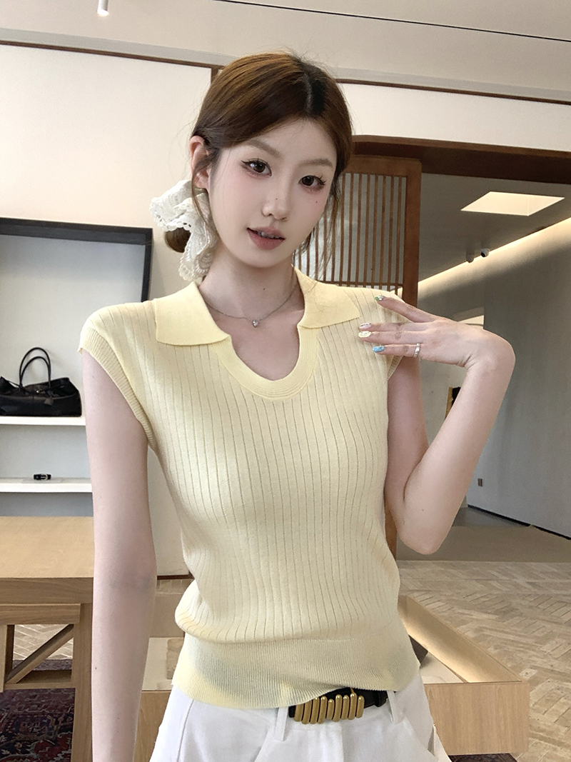 實拍~春夏韓系polo領短袖針織衫女U領薄款顯瘦百搭T恤上衣