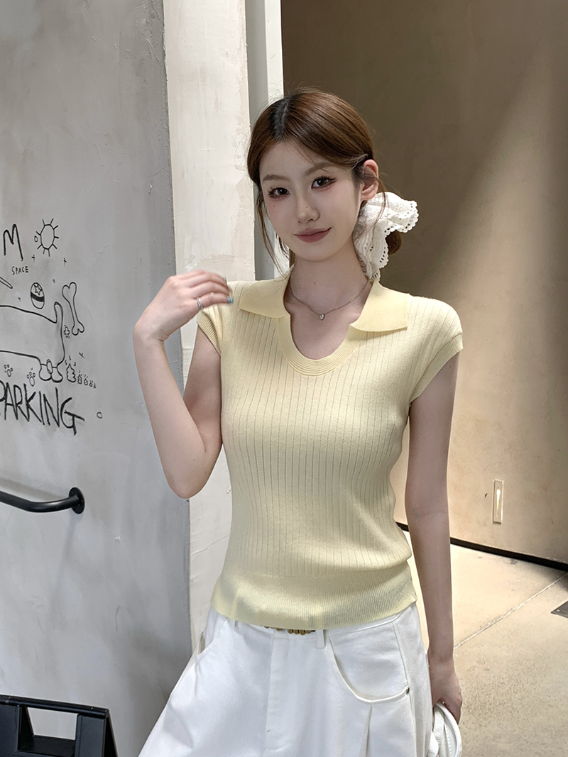 實拍~春夏韓系polo領短袖針織衫女U領薄款顯瘦百搭T恤上衣