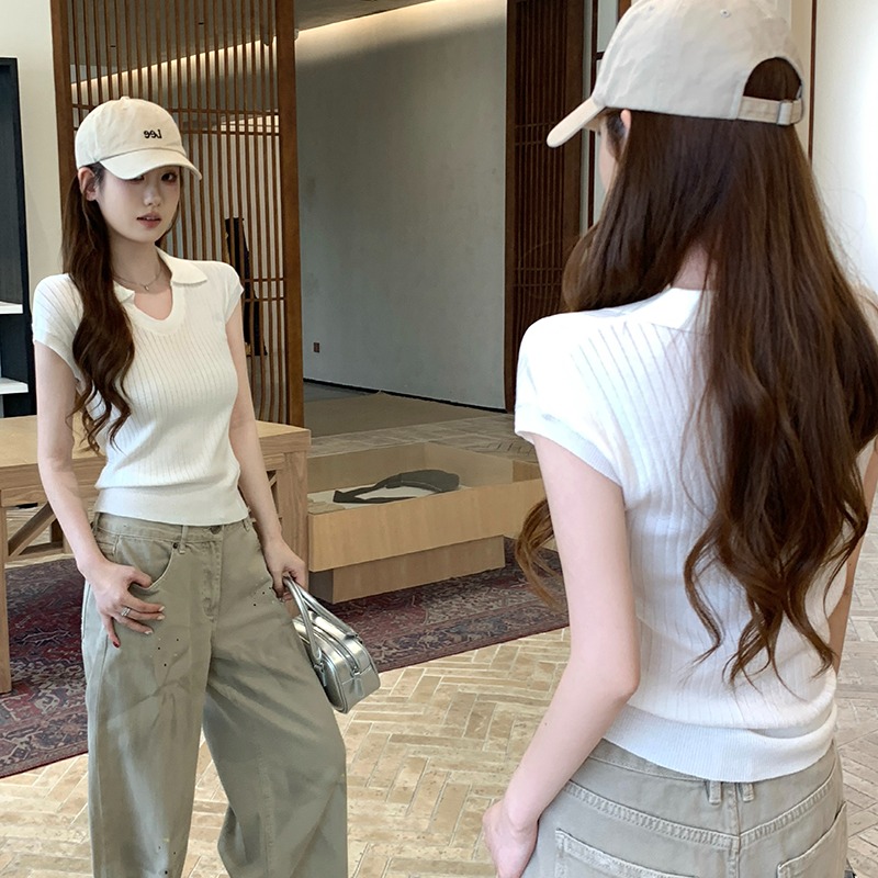 實拍~春夏韓系polo領短袖針織衫女U領薄款顯瘦百搭T恤上衣