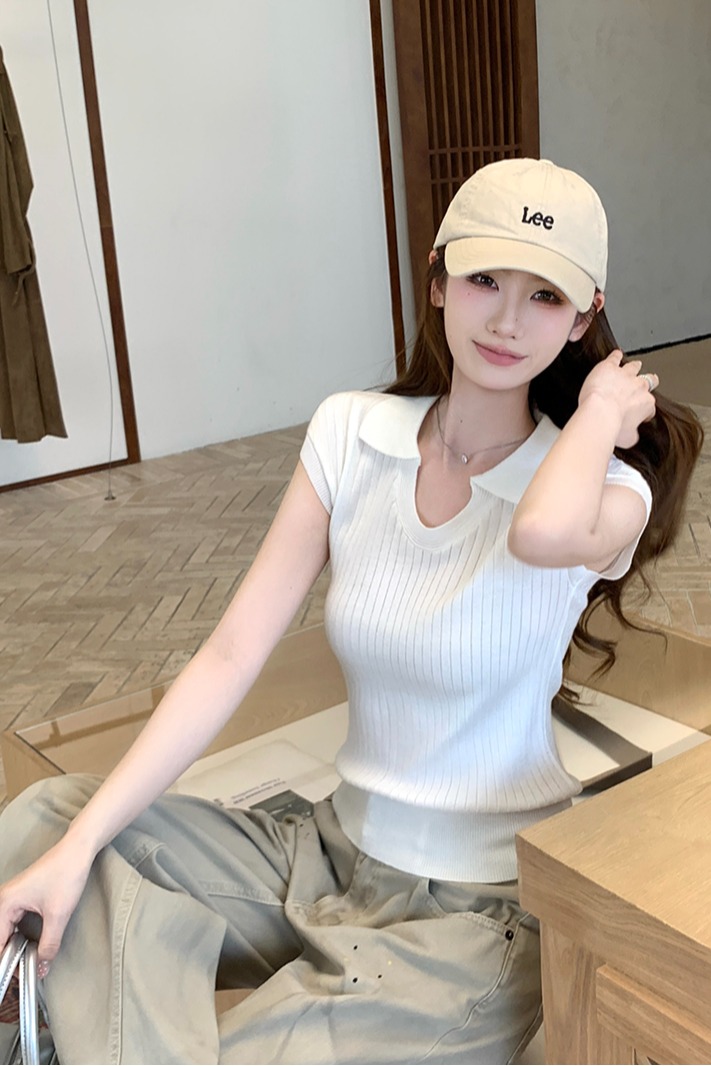 實拍~春夏韓系polo領短袖針織衫女U領薄款顯瘦百搭T恤上衣