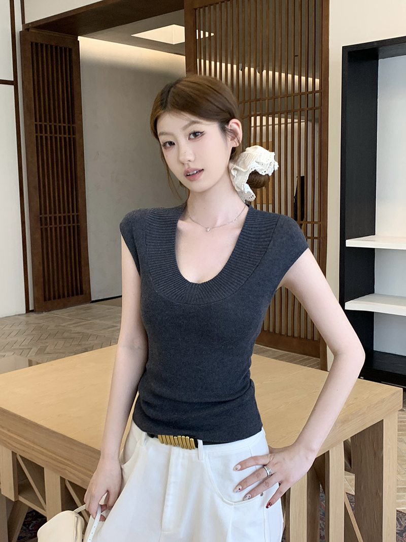 實拍~云柔感極簡純色修身顯瘦V領針織衫包肩短袖氣質上衣