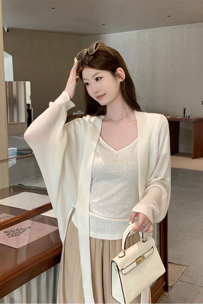 實拍~坑條系帶長袖針織開衫女2026春夏新款寬松顯瘦薄款上衣