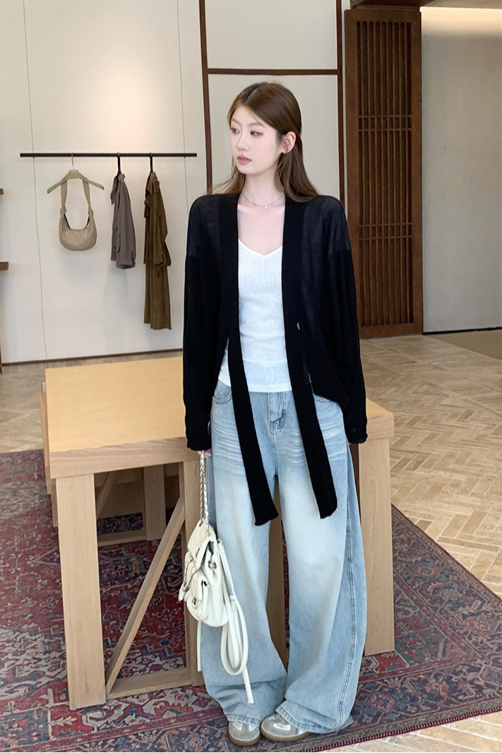 實拍~坑條系帶長袖針織開衫女2026春夏新款寬松顯瘦薄款上衣