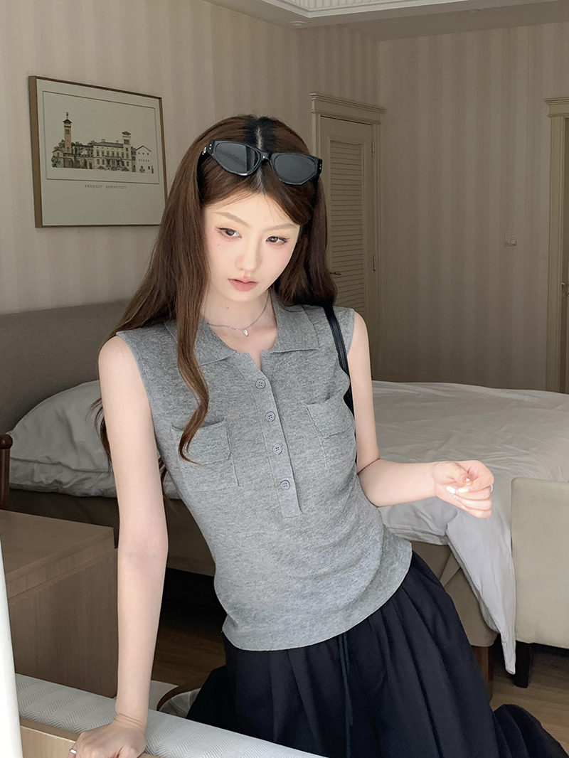 實拍~翻領口袋半開扣無袖針織馬甲女2026春夏新款修身顯瘦上衣