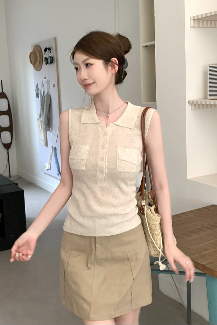 實拍~翻領口袋半開扣無袖針織馬甲女2026春夏新款修身顯瘦上衣