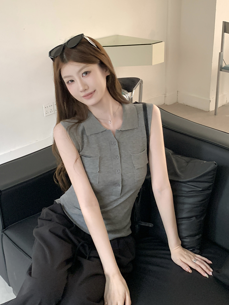 實拍~翻領口袋半開扣無袖針織馬甲女2026春夏新款修身顯瘦上衣