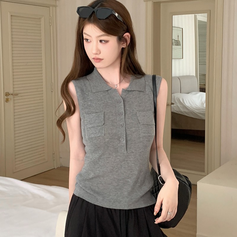 實拍~翻領口袋半開扣無袖針織馬甲女2026春夏新款修身顯瘦上衣