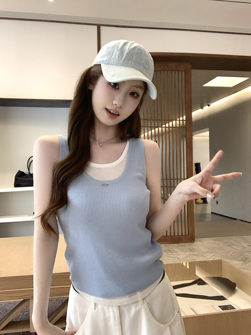 實拍~假兩件背心U領針織吊帶文藝復古疊穿上衣女