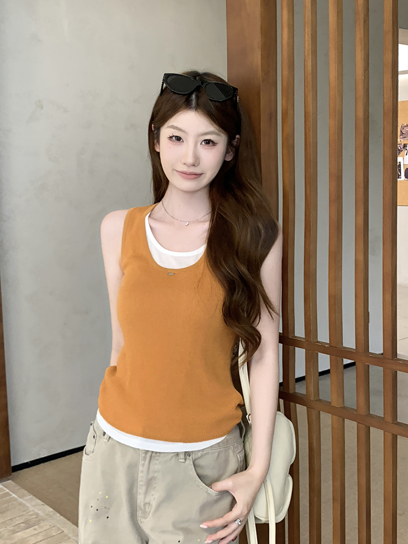 實拍~假兩件背心U領針織吊帶文藝復古疊穿上衣女