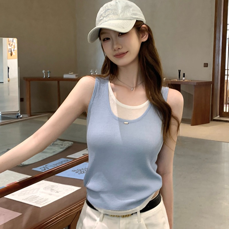 實拍~假兩件背心U領針織吊帶文藝復古疊穿上衣女