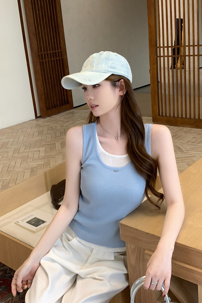 實拍~假兩件背心U領針織吊帶文藝復古疊穿上衣女