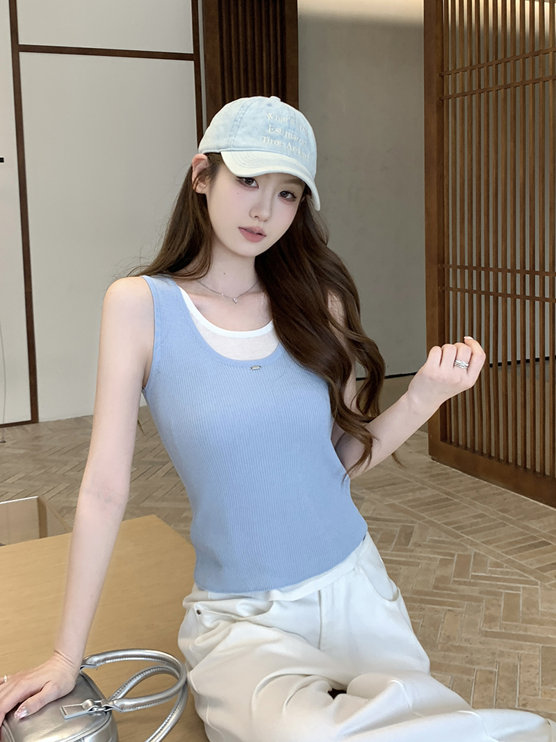 實拍~假兩件背心U領針織吊帶文藝復古疊穿上衣女
