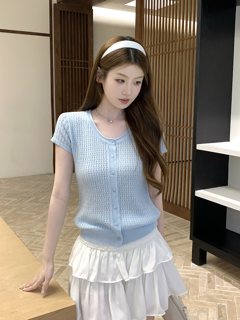 實拍~針織U領鏤空單排扣短袖開衫女2026夏季新款修身顯瘦薄款上衣