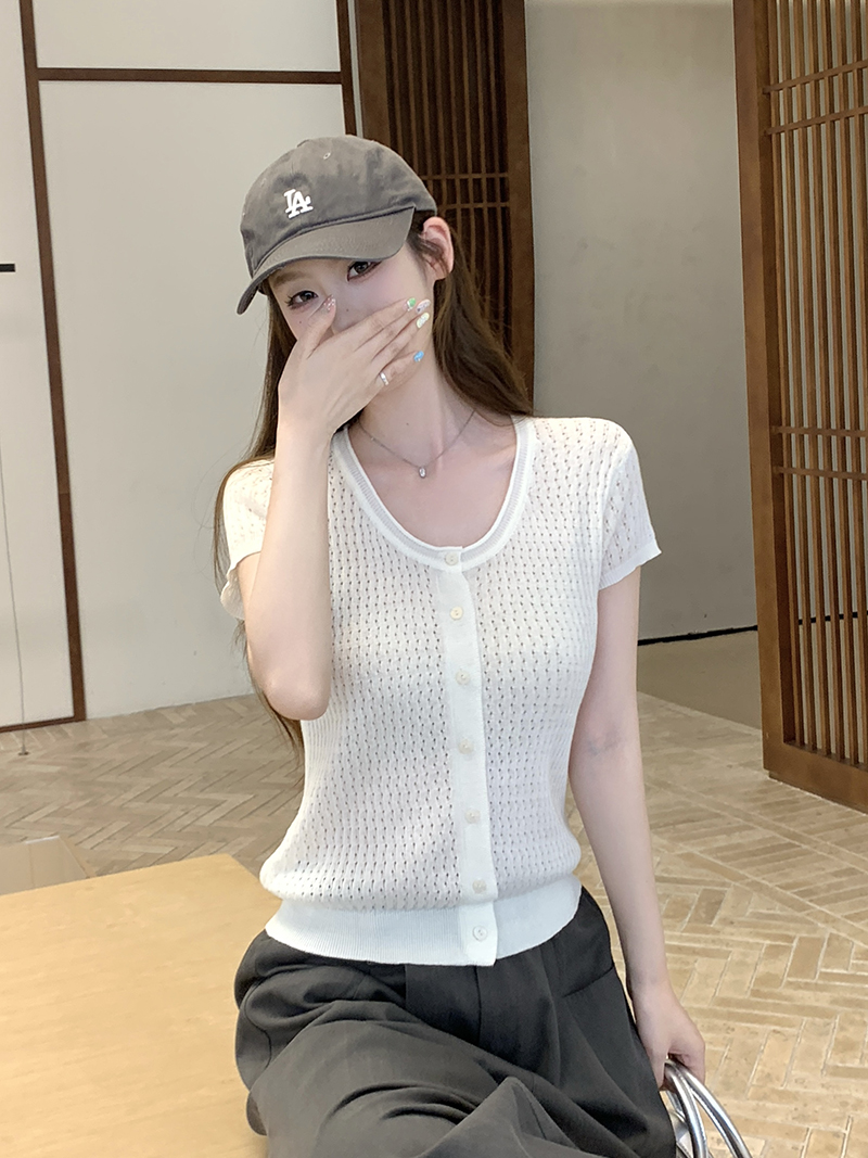 實拍~針織U領鏤空單排扣短袖開衫女2026夏季新款修身顯瘦薄款上衣