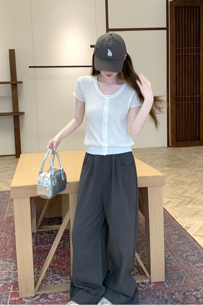 實拍~針織U領鏤空單排扣短袖開衫女2026夏季新款修身顯瘦薄款上衣