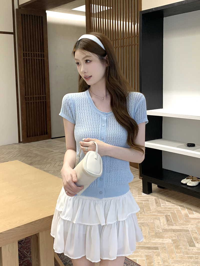 實拍~針織U領鏤空單排扣短袖開衫女2026夏季新款修身顯瘦薄款上衣