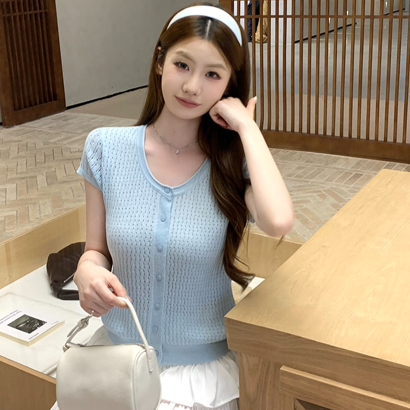 實拍~針織U領鏤空單排扣短袖開衫女2026夏季新款修身顯瘦薄款上衣